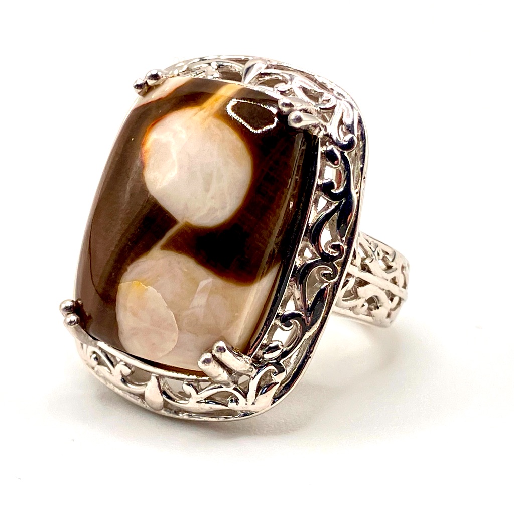 Peanut Wood Jasper Ring In Platinum Over Brass